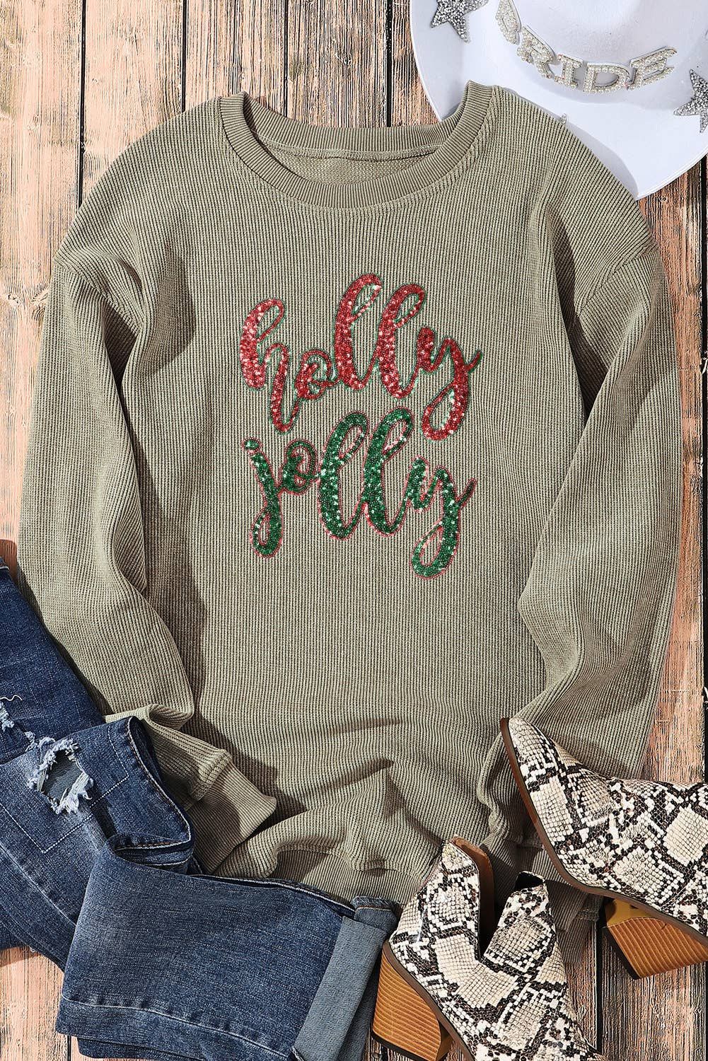 Sequined holly jolly Graphic Corded Sweatshirt (S-XL)