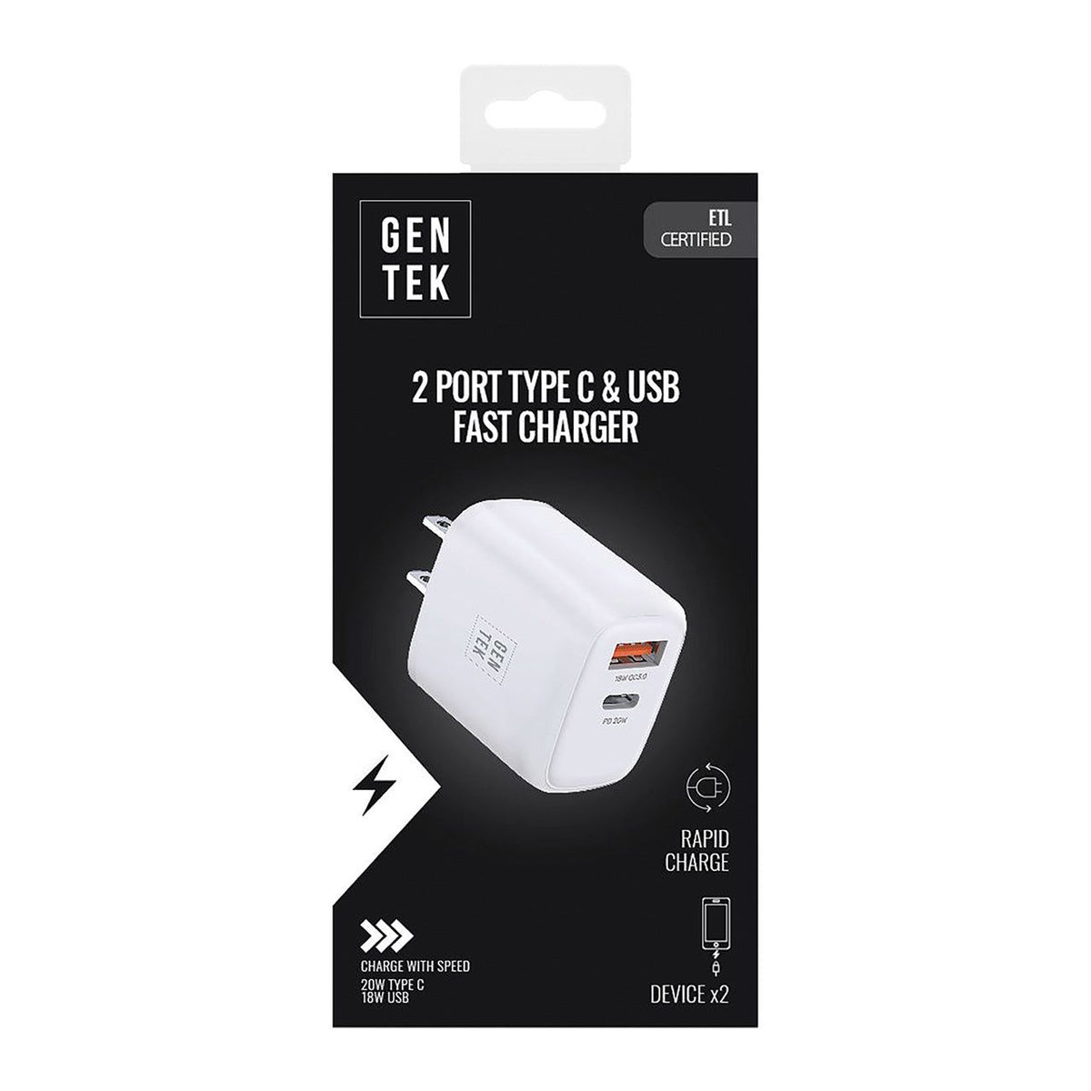 Gen Tek Dual Port Wall Charger Usb-C 20w/Usb-A