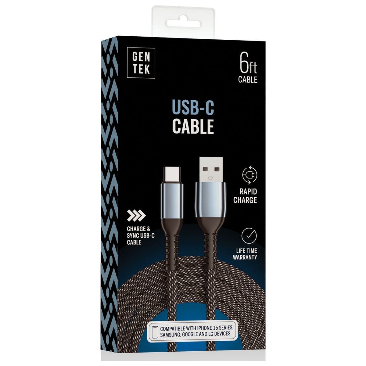 GenTek Braided Cable, USB Type C 6ft - Blk/Wh