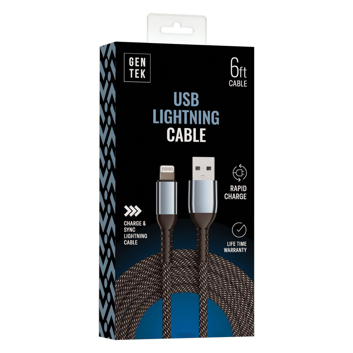 GenTek Braided Cable, Apple Lightning 6ft - Blk/Wh