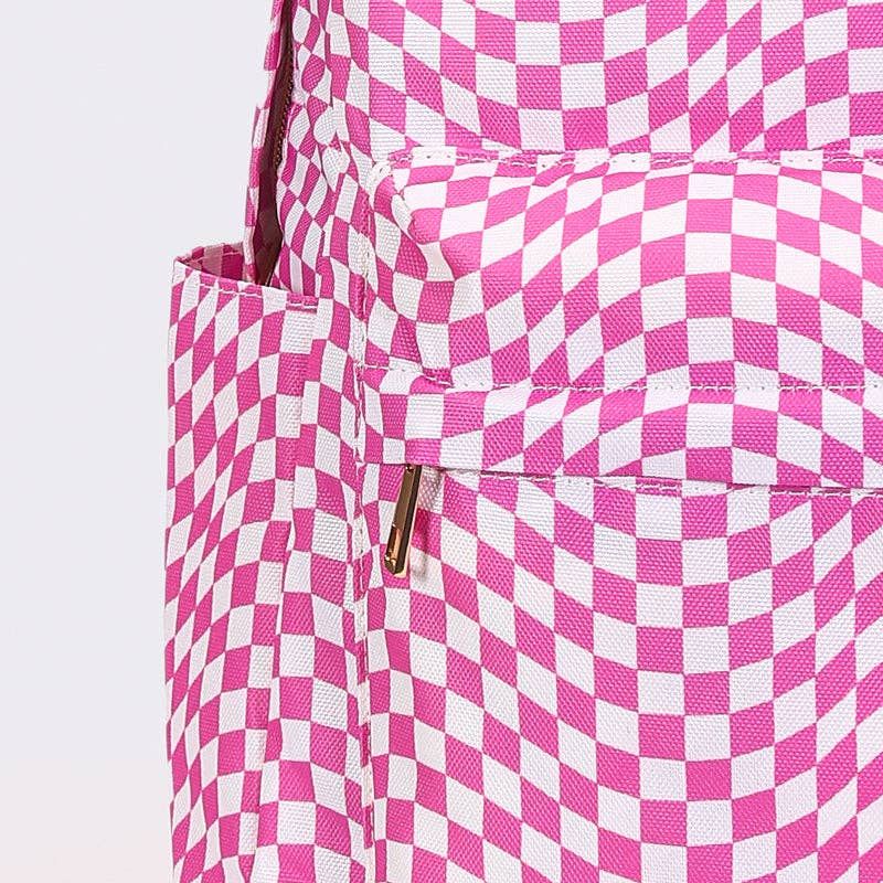Girls Pink Wavy Checkered Canvas Backpack