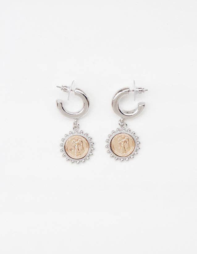Silver Huggie Hoop with Gold Coin 1" Earring