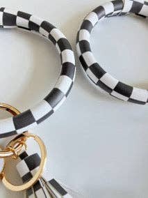 Checkerboard Bangle Bracelet Keyring With Tassel