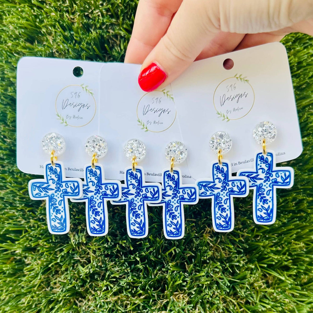 Blue + White Cross Earrings