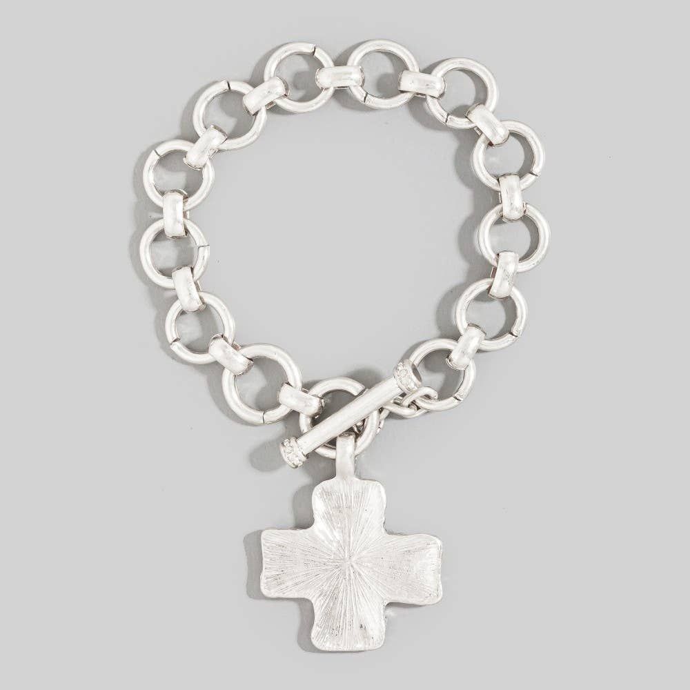 Metallic Hammered Cross Toggle Chain Bracelet
