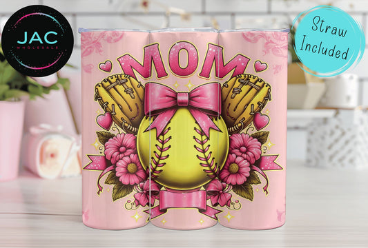 Pink Coquette Softball Mom Skinny Tumbler 20oz