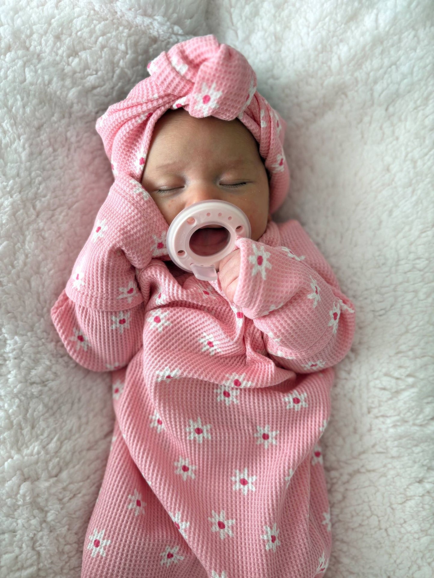 Organic Waffle Gown, Pink Flower