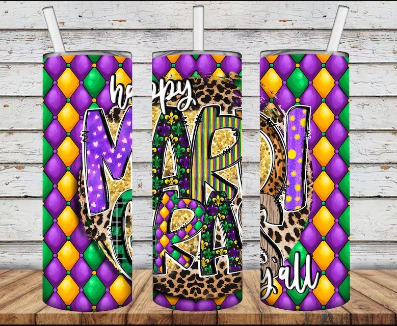Mardi Gras Diamond Skinny Tumbler 20oz
