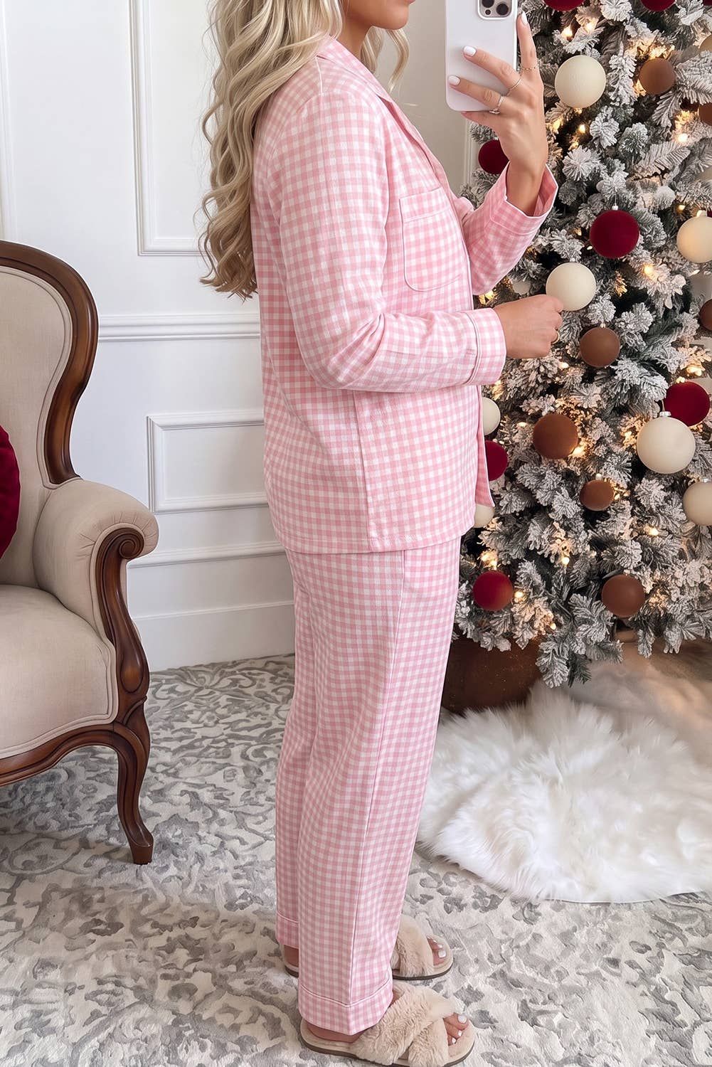 Christmas Gingham Lapel Shirt 2pcs Pajama Pant Set (S-XL)