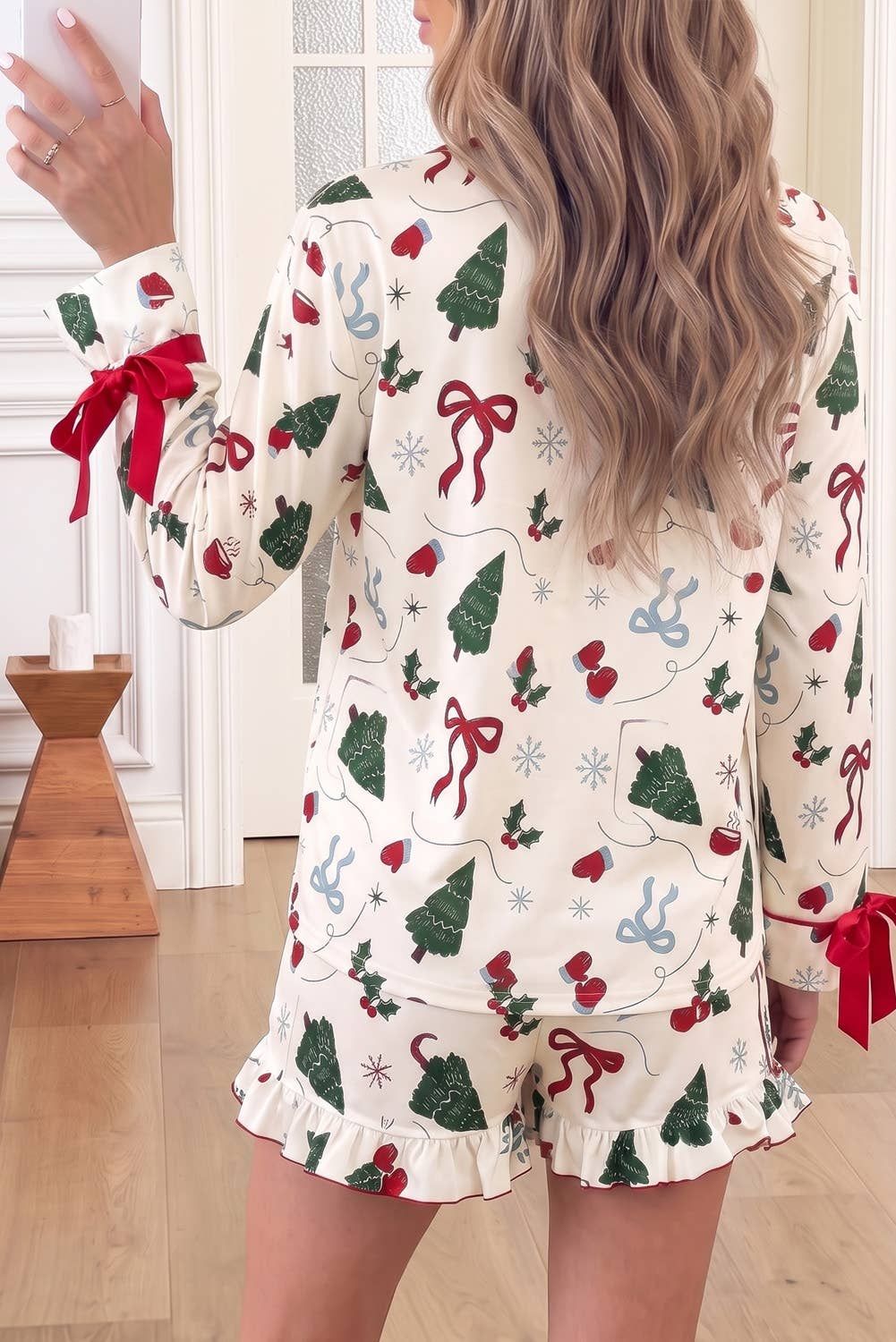66 Christmas Tree Graphic Bow Ruffle Cuff Lounge Set (S-XL)
