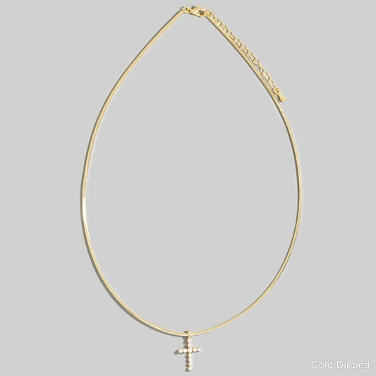 Gold Dipped Pearl Studded Cross Pendant Necklace