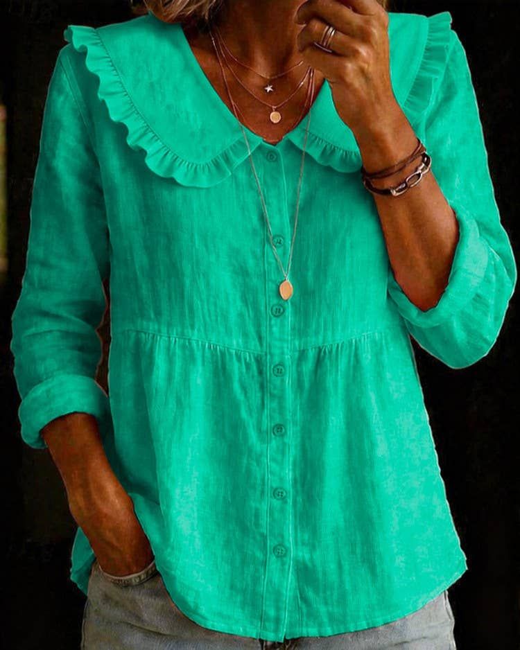 Ruffled Peter Pan Collar Button-Down Peplum Blouse