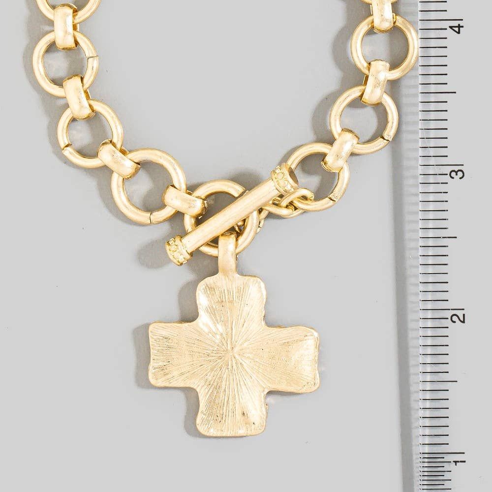 Metallic Hammered Cross Toggle Chain Bracelet