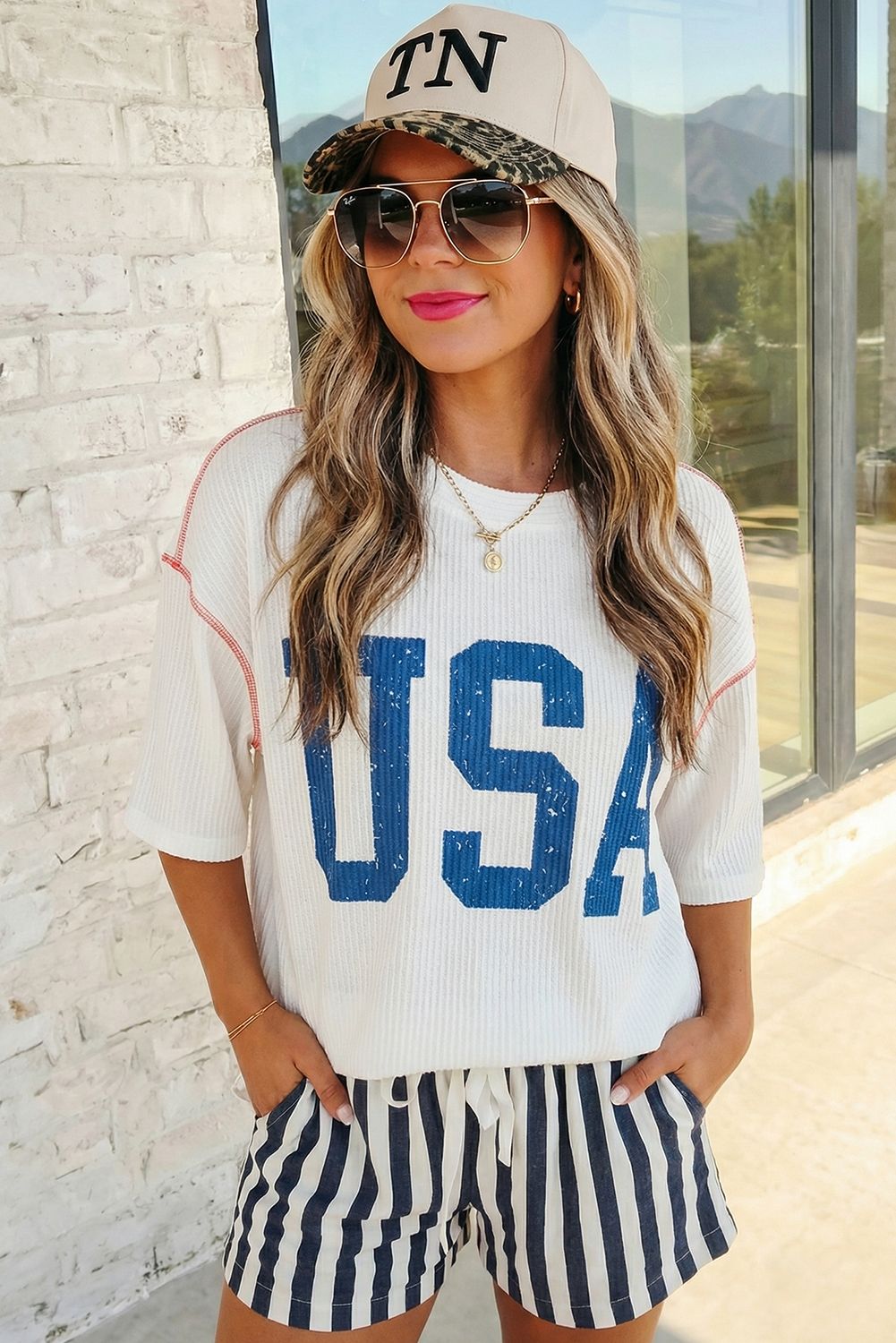 USA Graphic Half Sleeve Ribbed Top | S-XL Plus 1X-4X