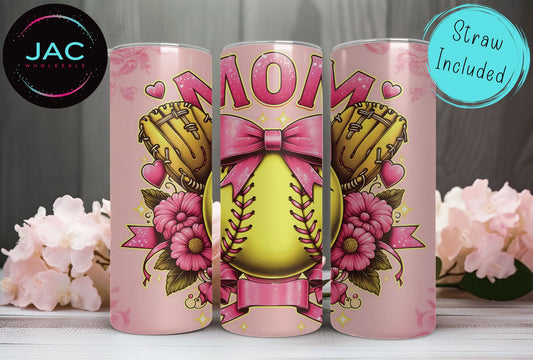 Pink Coquette Softball Mom Skinny Tumbler 20oz
