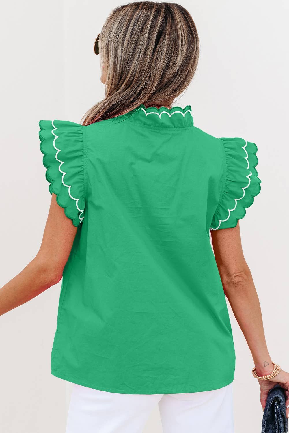 Contrast Scallop Trim Layered Short Sleeve Blouse | S-XL