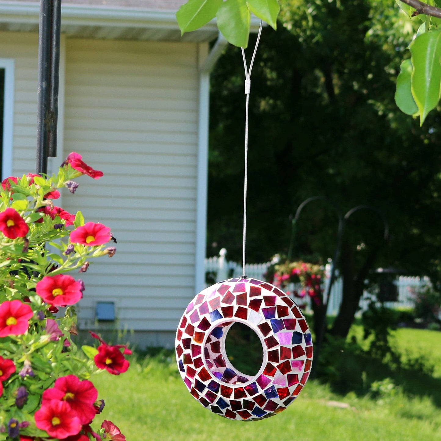 Glass Crimson Mosaic Fly-Through Hanging Bird Feeder - 6 in