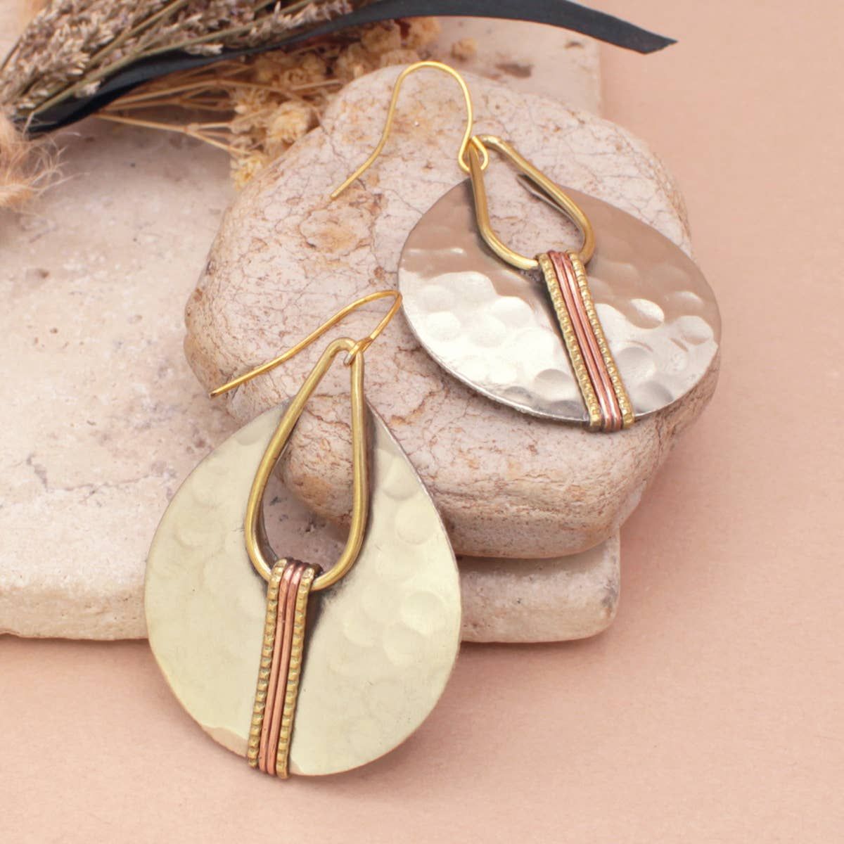 Mixed Metal Hammered Silver Teardrop Earring