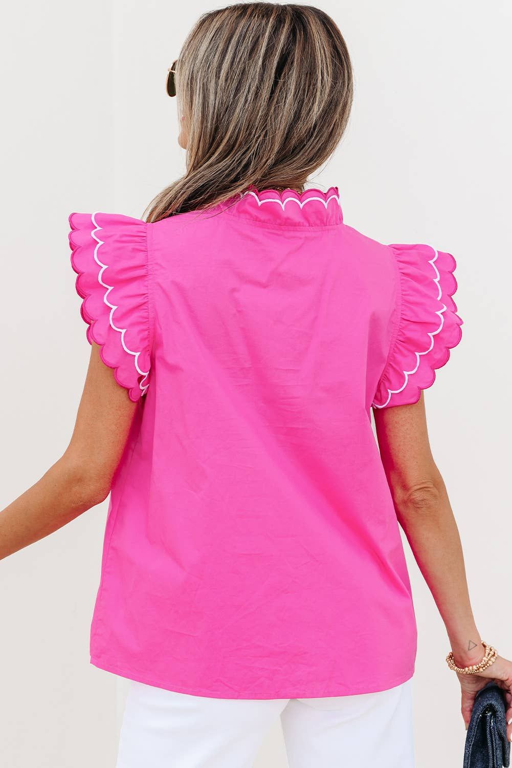 Contrast Scallop Trim Layered Short Sleeve Blouse | S-XL