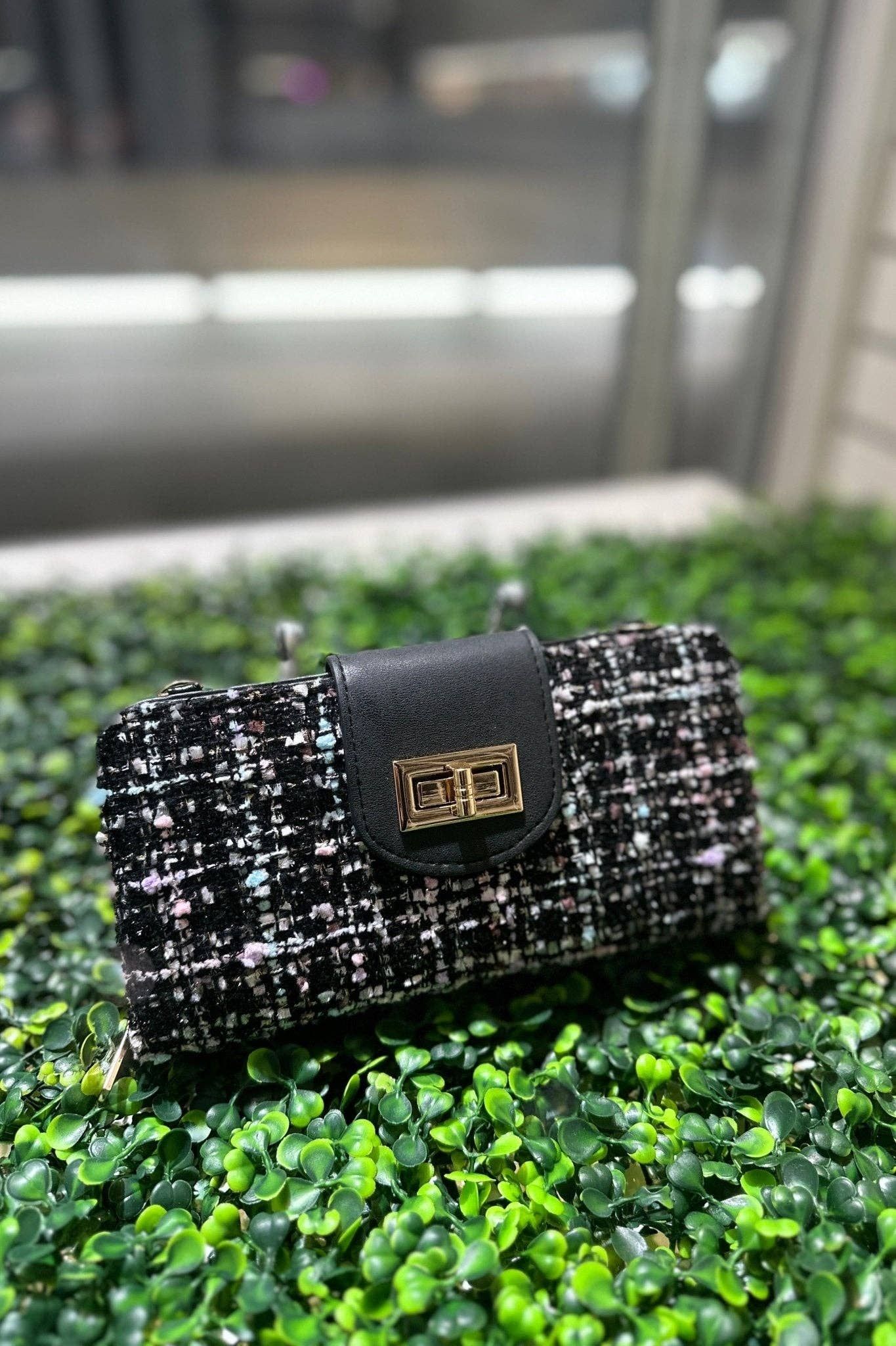 TW041 Tweed Turn Lock Crossbody Wallet