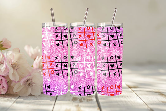 Pink Glitter Tic Tac Toe Valentine  20oz Skinny Tumbler