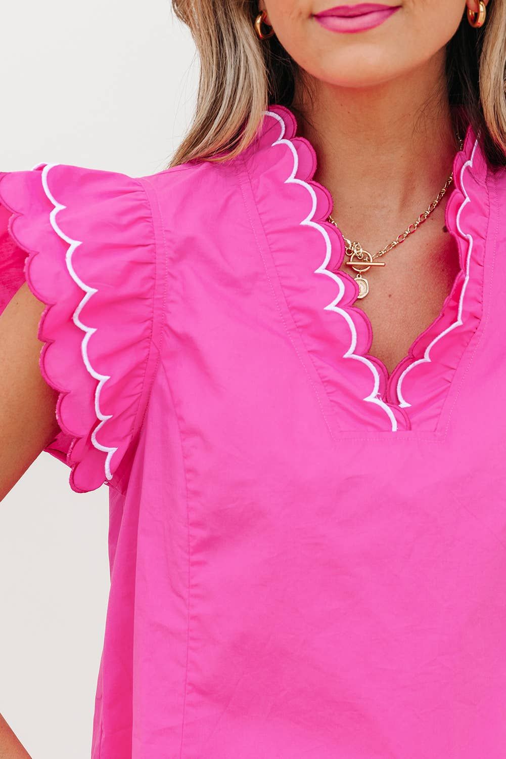 Contrast Scallop Trim Layered Short Sleeve Blouse | S-XL