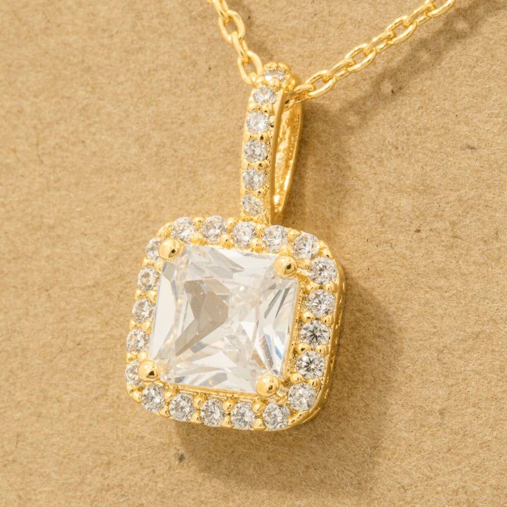 Gold Dipped Square Rhinestone Pendant Necklace