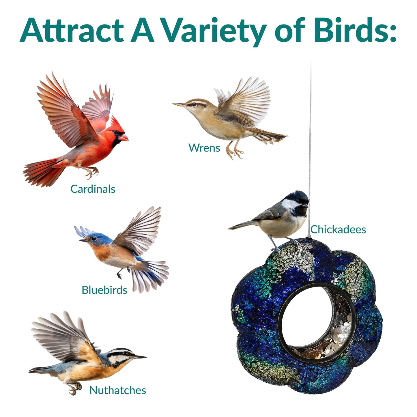 Glass Indigo Flower Mosaic Fly-Through Hanging Bird Feeder