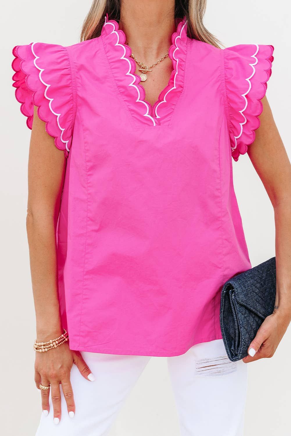 Contrast Scallop Trim Layered Short Sleeve Blouse | S-XL