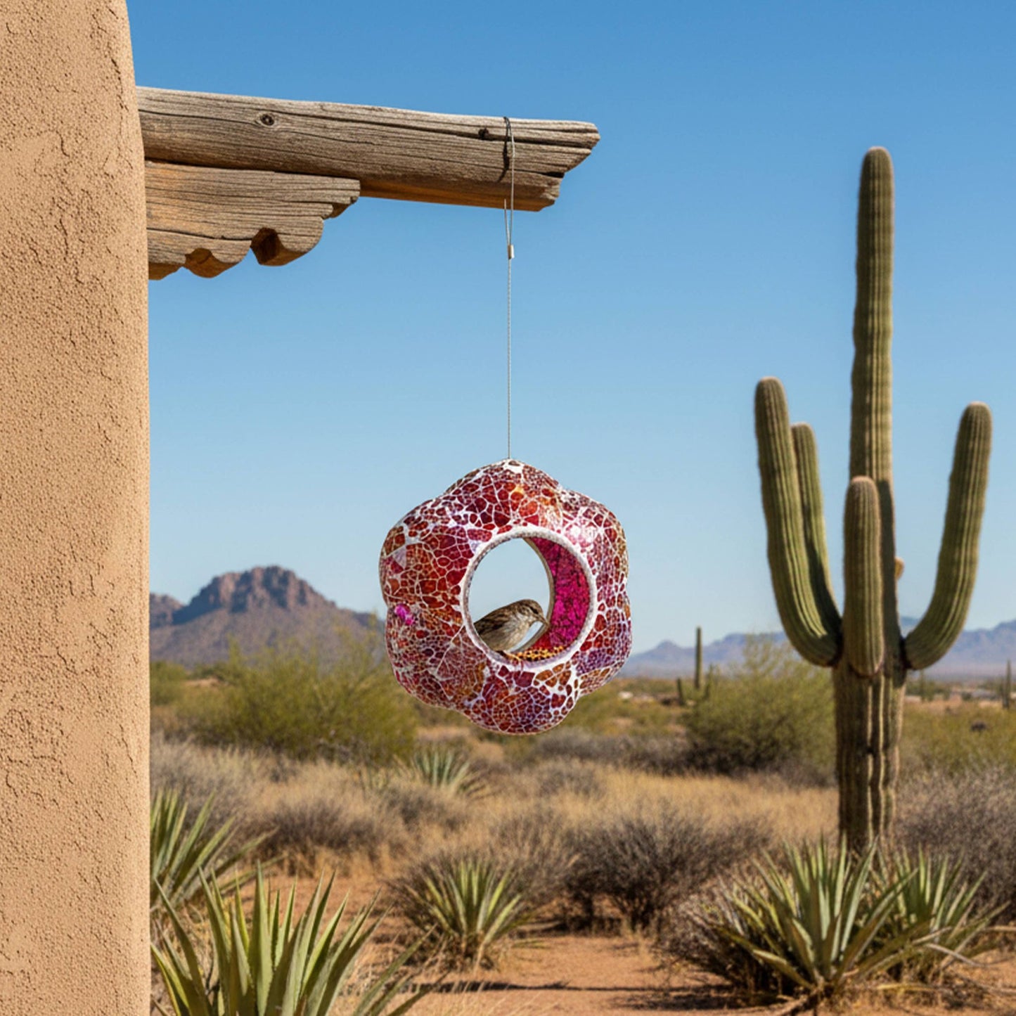 Pearl Pink Flower Mosaic Fly-Through Hanging Bird Feeder