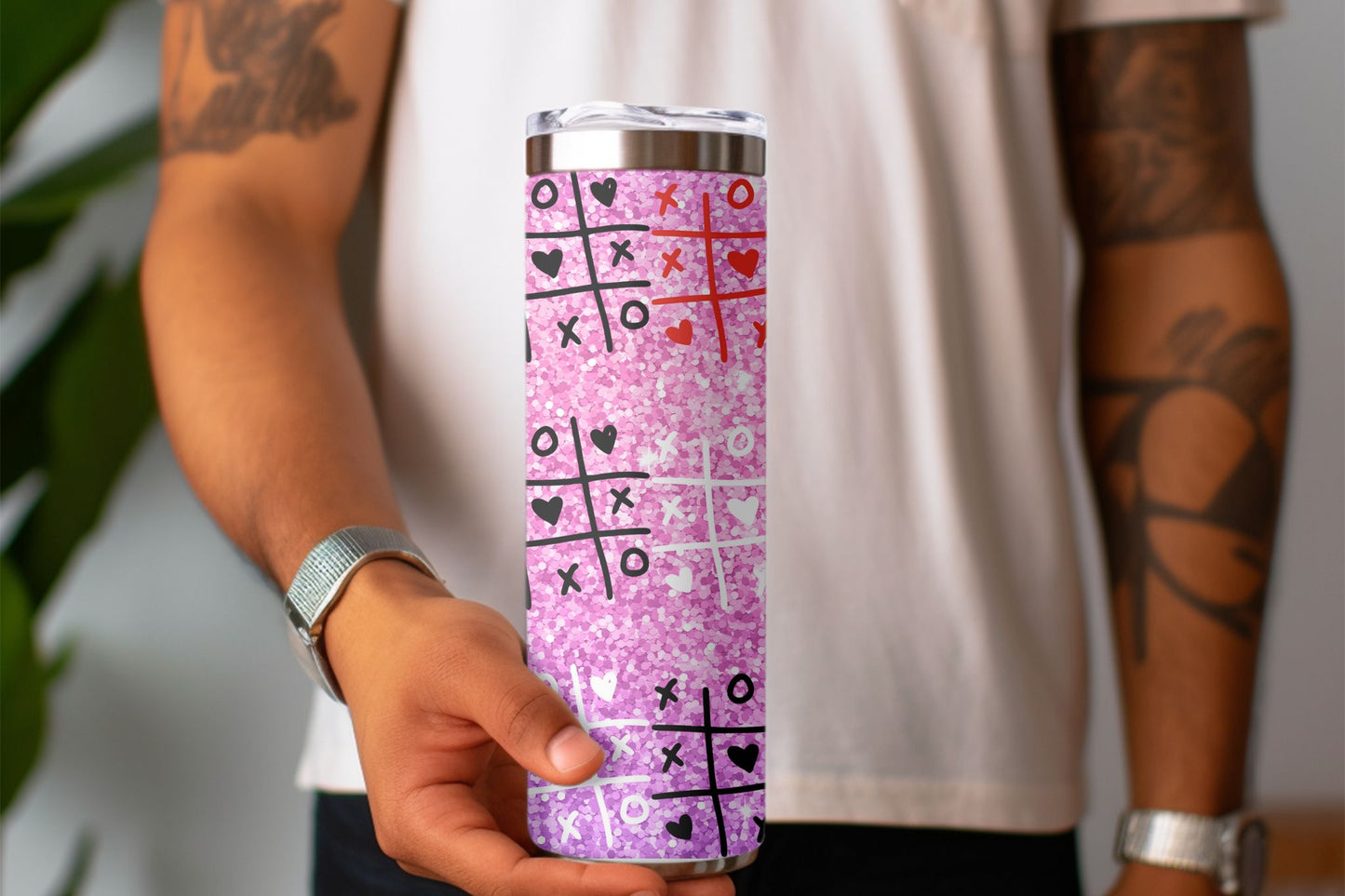 Pink Glitter Tic Tac Toe Valentine  20oz Skinny Tumbler