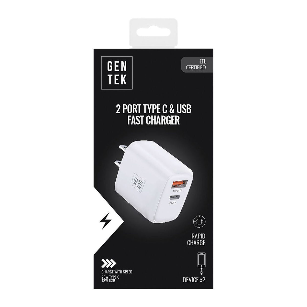 Gen Tek Dual Port Wall Charger Usb-C 20w/Usb-A