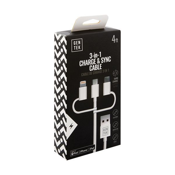 Gentek 3-In-1 Charge & Sync Cable-Lightning/Usb/C