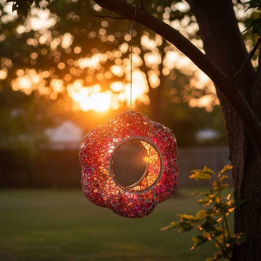 Pearl Pink Flower Mosaic Fly-Through Hanging Bird Feeder