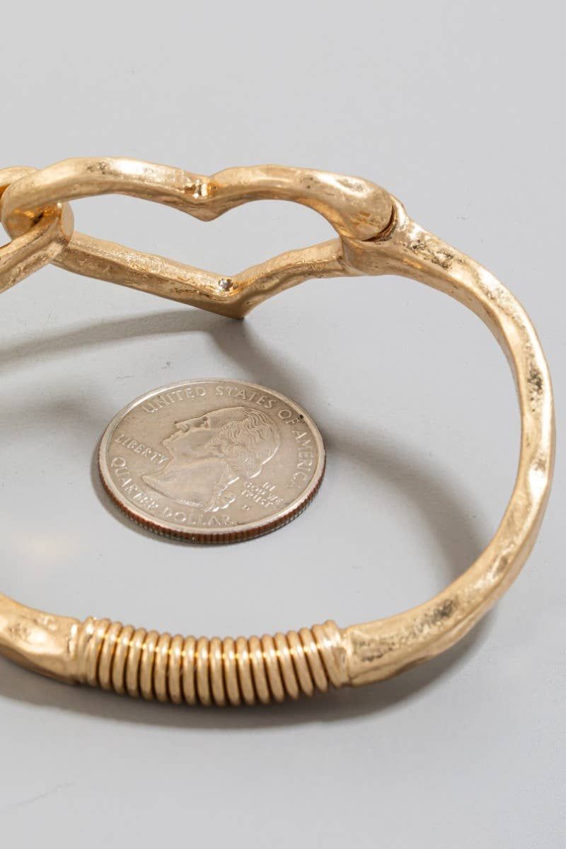 Hammered Heart Coil Spring Hook Bangle Bracelet