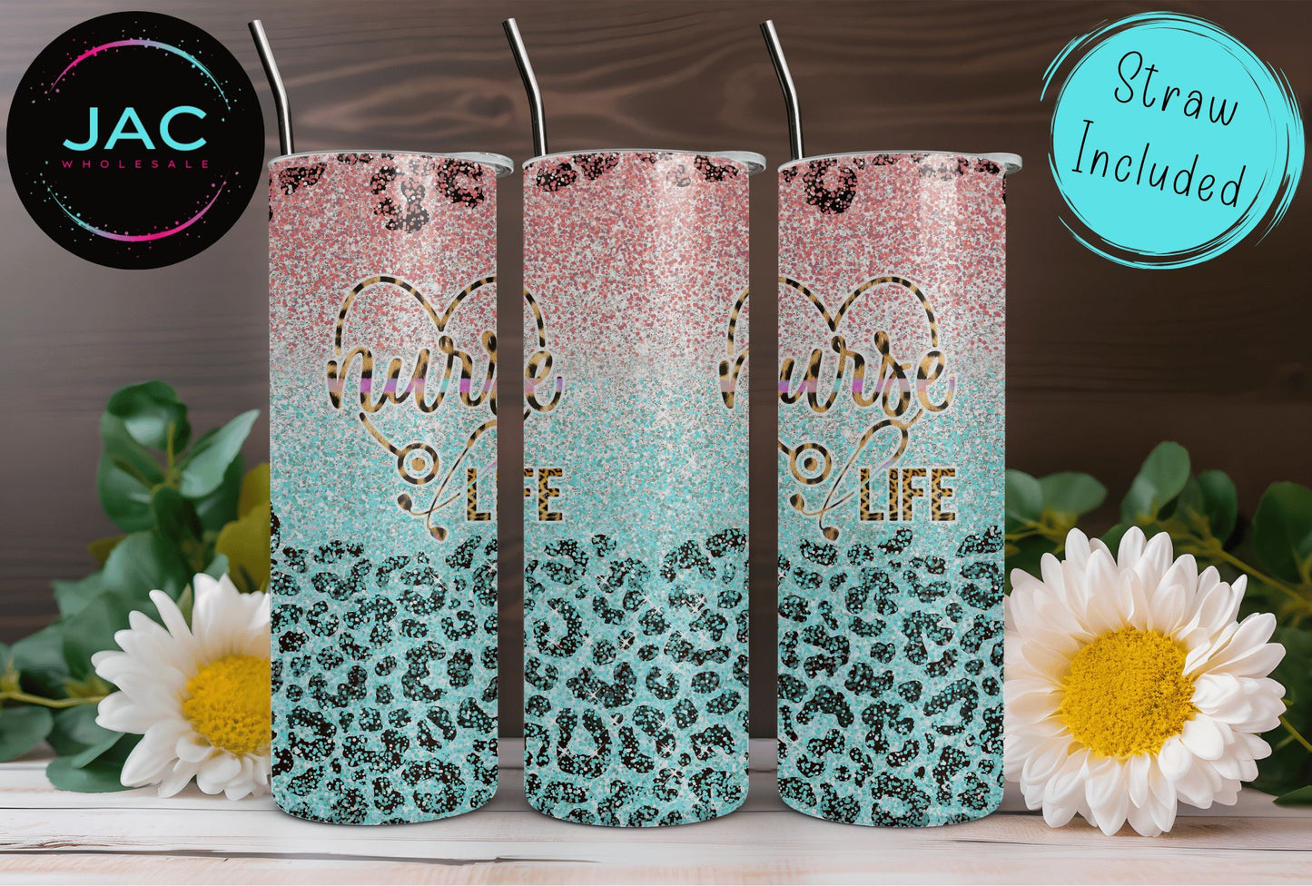 Nurse Life Leopard Glitter Skinny Tumbler 20oz