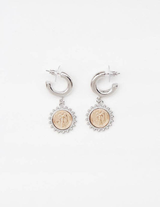 Silver Huggie Hoop with Gold Coin 1" Earring
