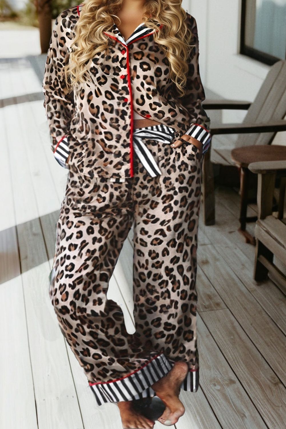 66 Leopard Striped Edge Plus Size Pajama Set (S-4X)
