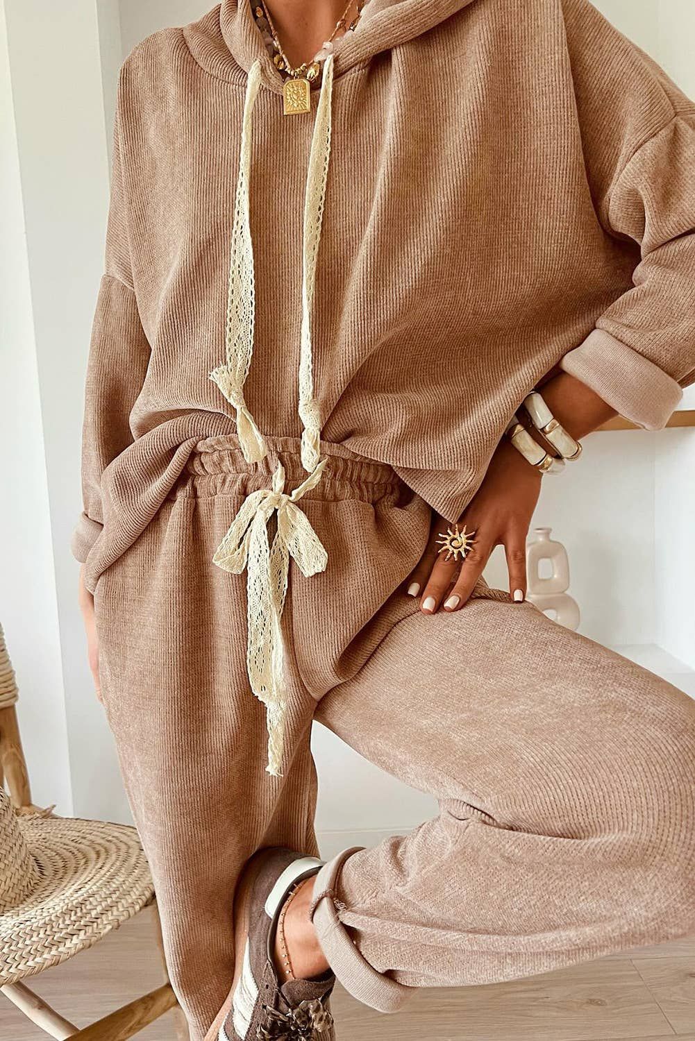 Drawstring Pullover Hoodie and High Waist Pants Corduroy Set