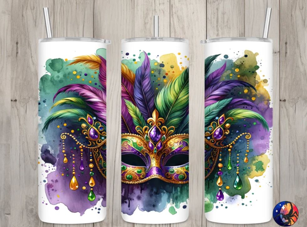 Water Color Mardi Gras Skinny Tumbler 20oz