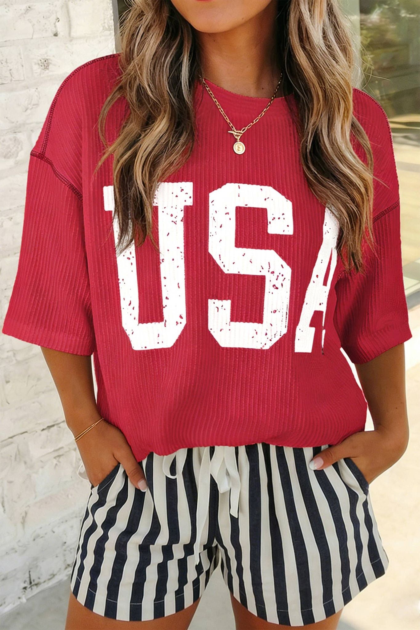 USA Graphic Half Sleeve Ribbed Top | S-XL Plus 1X-4X