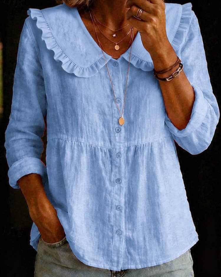 Ruffled Peter Pan Collar Button-Down Peplum Blouse