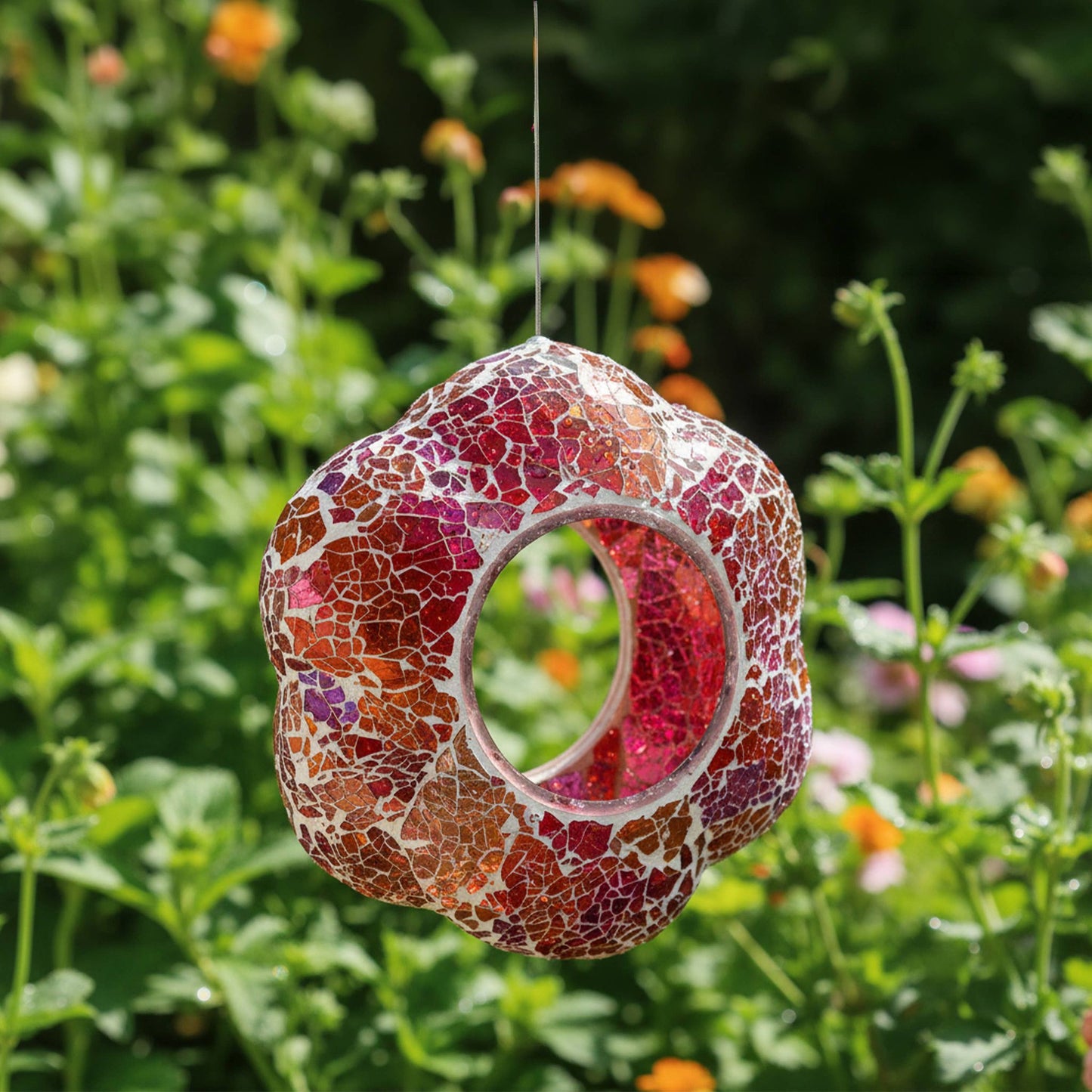 Pearl Pink Flower Mosaic Fly-Through Hanging Bird Feeder