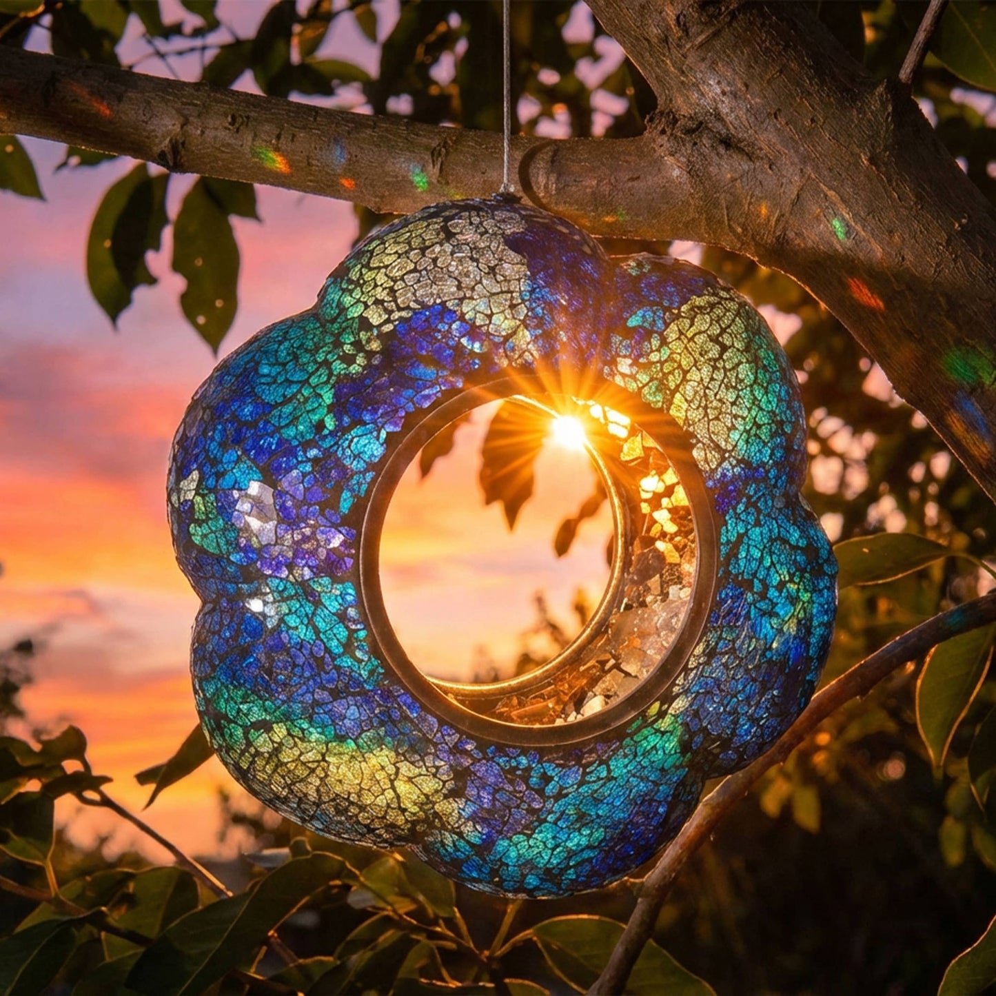 Glass Indigo Flower Mosaic Fly-Through Hanging Bird Feeder