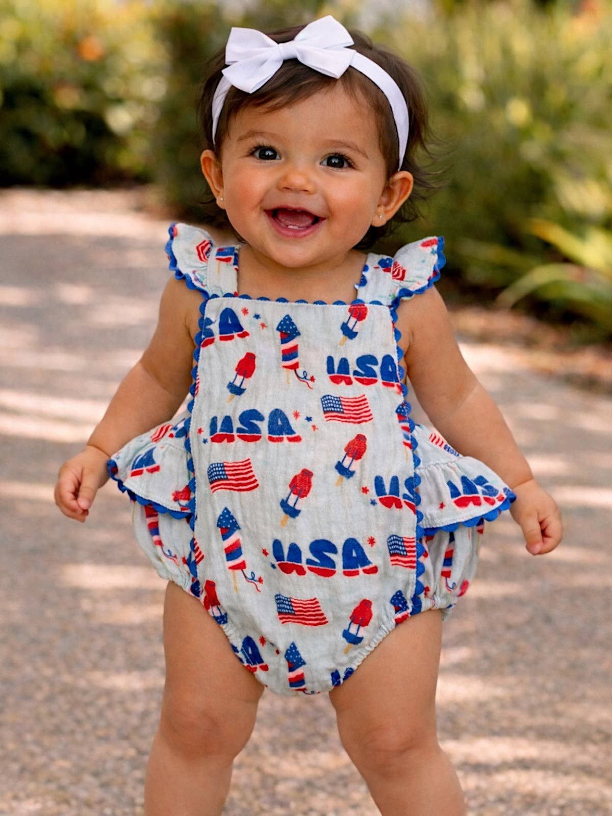 Muslin Ric-Rac Ruffle Sunsuit, 4th of July Blue
