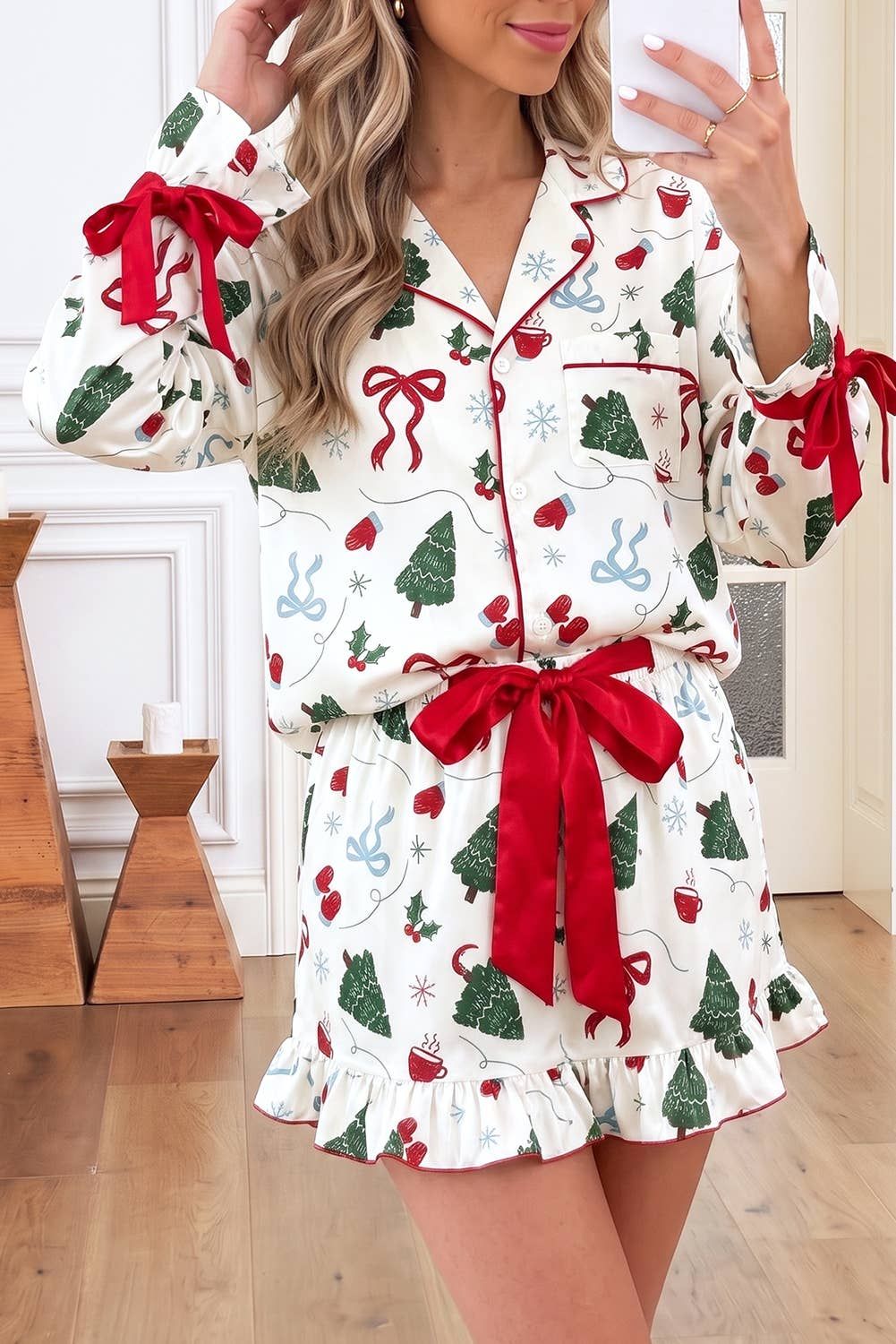 66 Christmas Tree Graphic Bow Ruffle Cuff Lounge Set (S-XL)