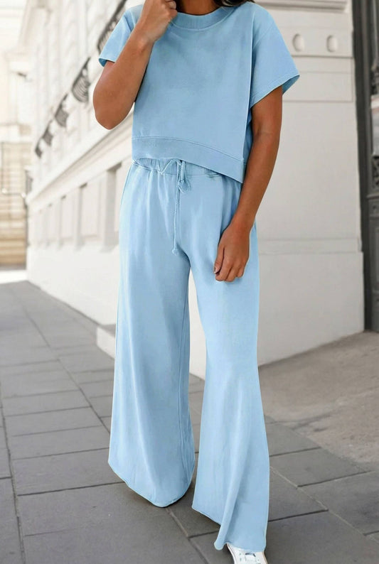 Soft Color Tee & Wide Leg Pants 2pcs Set | S-XL Plus 1X-4X