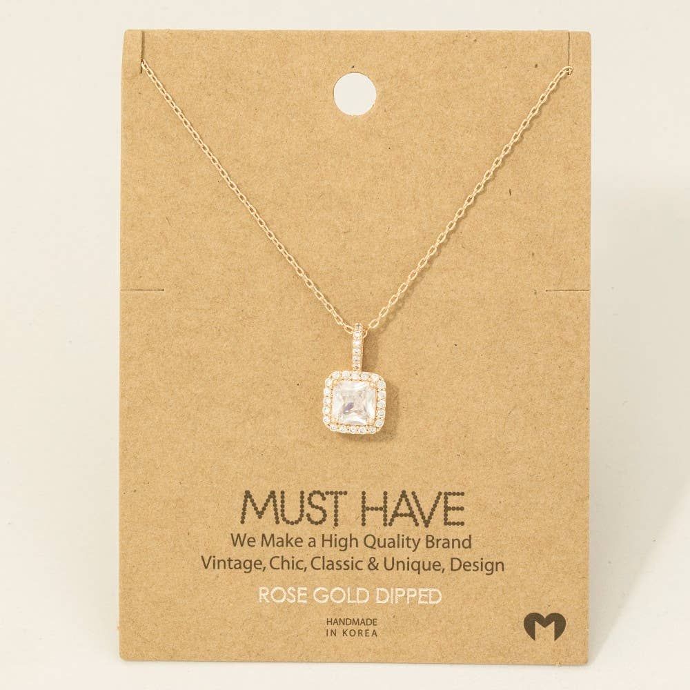 Gold Dipped Square Rhinestone Pendant Necklace