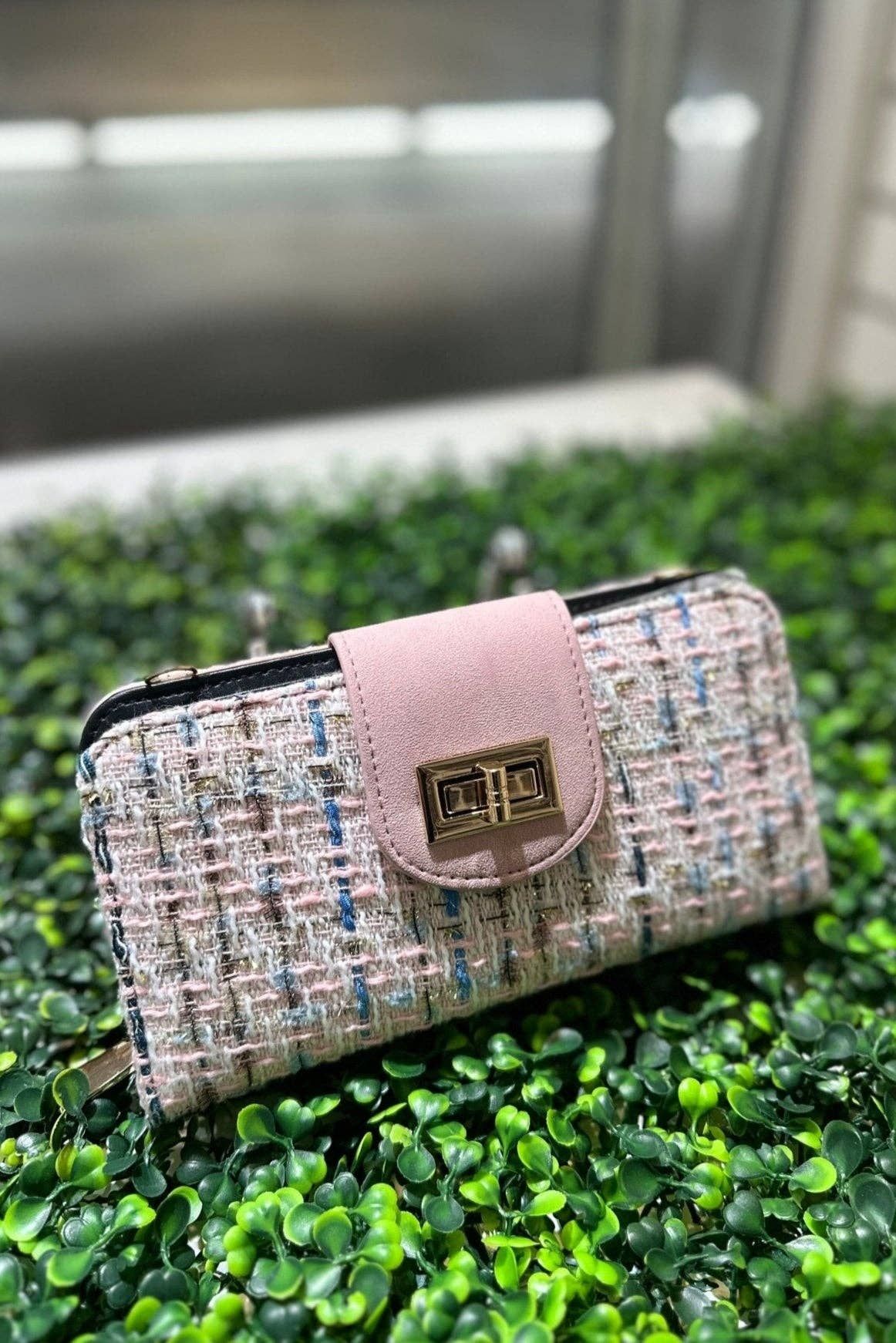 TW041 Tweed Turn Lock Crossbody Wallet
