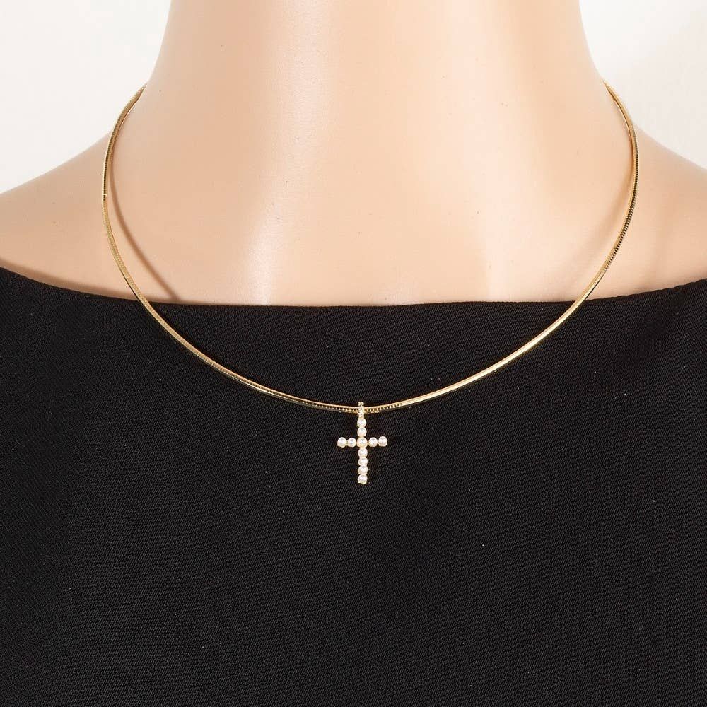 Gold Dipped Pearl Studded Cross Pendant Necklace
